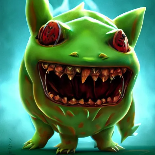 Prompt: terrifying aesthetic portrait of bulbasaur, nightmare, teeth, demonic, hyperrealistic, super cute, character design, artstation, 4 k, ultra detailed digital art