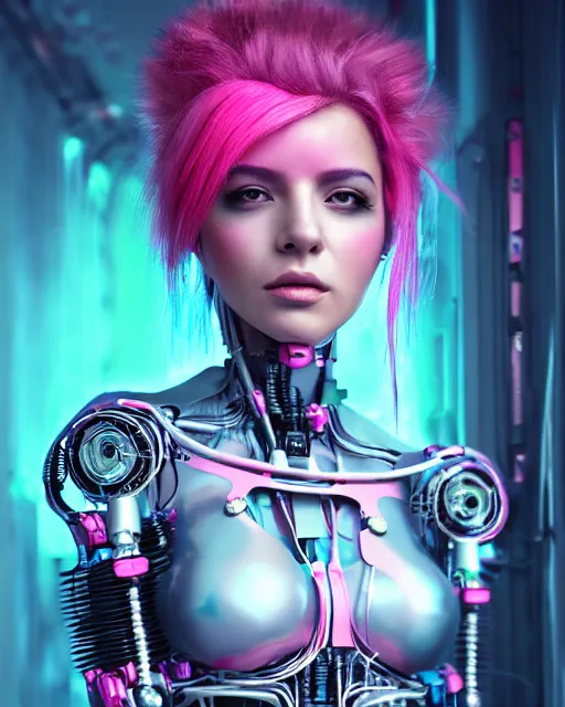 Prompt: portrait of a beautiful mexican woman with pink hair as a cyberpunk cyborg half robot, revealing wires and electronics, sci - fi, missing panels, intricate abstract upper body intricate artwork, concept art, octane render, deviantart, cinematic, key art, hyperrealism, iridescent accents, portrait photograph, nikon 3 5 mm, photograph by greg rutkowski