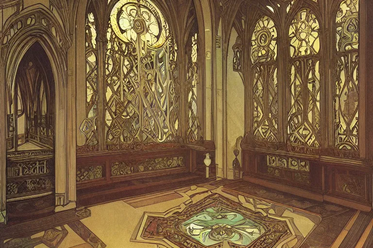 Image similar to gothic castle interior design by alphonse mucha