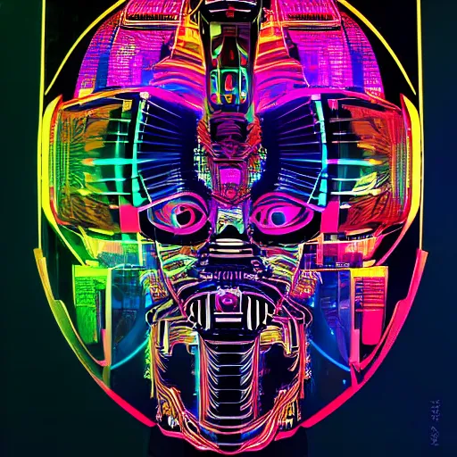 Image similar to hyperdetailed portrait of a cyberpunk aztec futurism robot head, 8 k, symetrical, trippy flourescent colors, halluzinogenic, tshirt art, black background