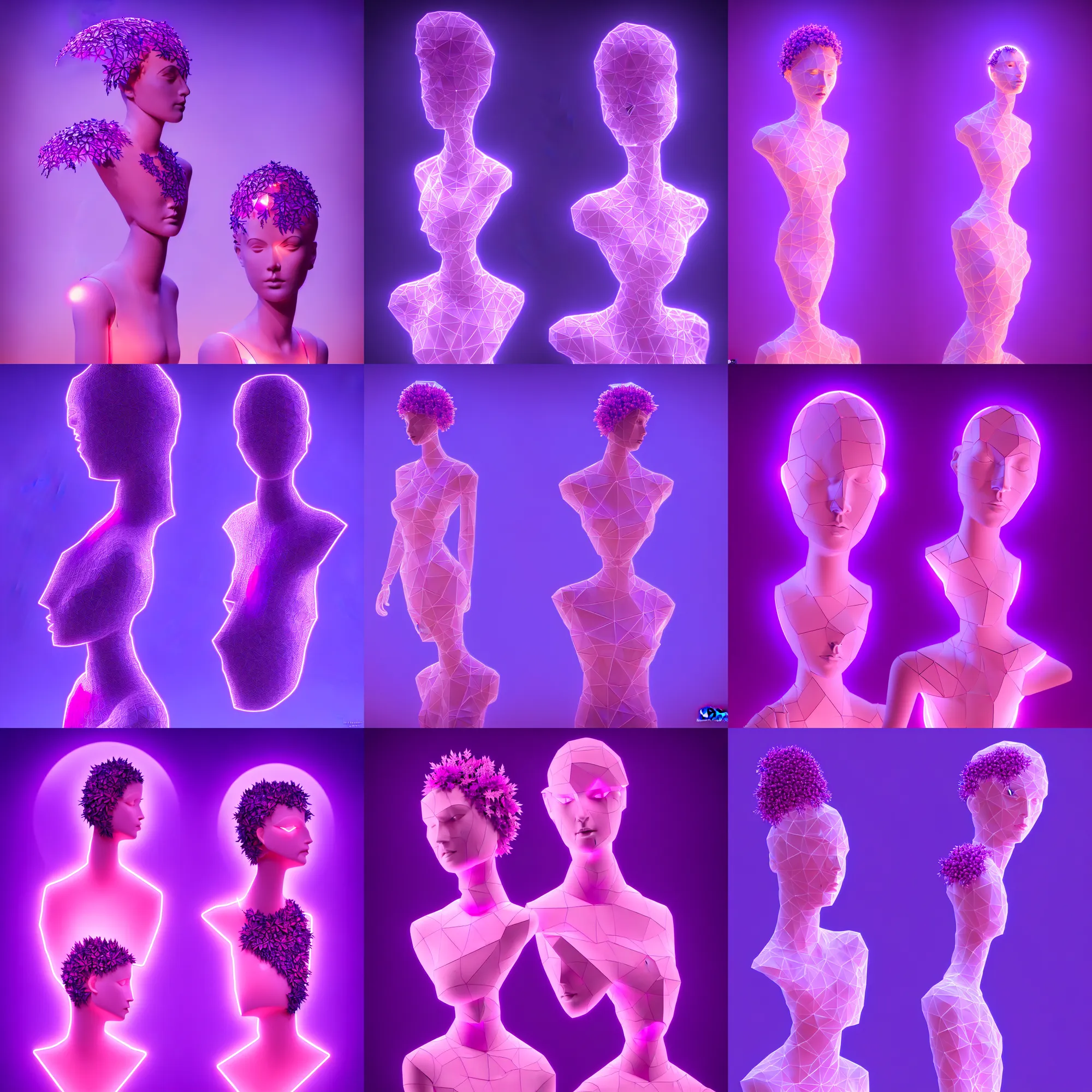 Image similar to beautiful mannequin sculpted out of amethyst by billelis + lit with 3 d geometric neon + facing a doorway opening with neon pink geometric fractal light + flowering hosta plants!!!, moon in background!, rule of thirds, clean linework, dramatic, award winning, 4 k, trending on artstation, photorealistic, volumetric lighting, octane render