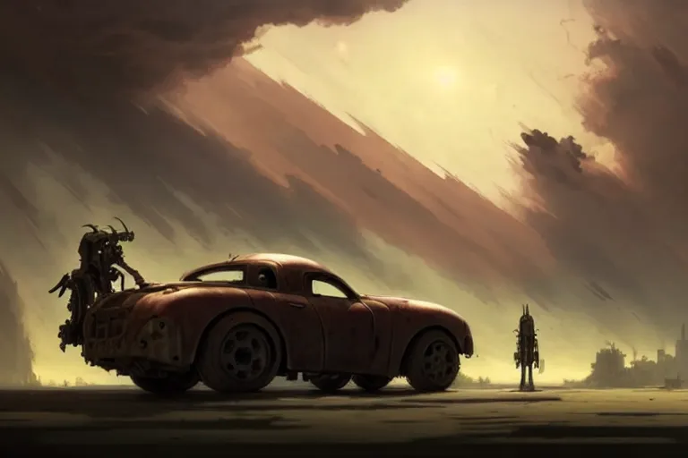 Image similar to dieselpunk post apocalyptic tvr cerbera : : speeding with clouds of dust : : painted by greg rutkowski makoto shinkai takashi takeuchi studio ghibli, akihiko yoshida