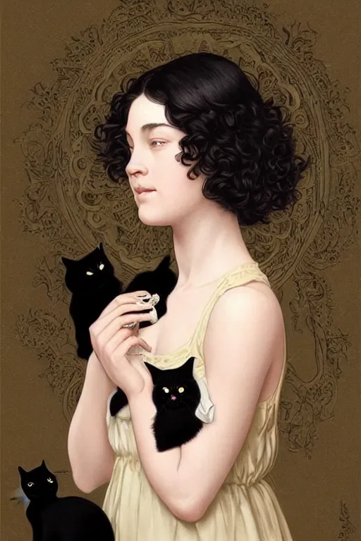 Prompt: beautiful cottagecore of a girl with short black curly hair, round face, cute face, holding a loaf of bread. There's also a black cat on her shoulder. intricate, elegant. highly detailed, digital painting, artstation, concept art, smooth, sharp, focus, illustration. . art by artgerm and greg rutkowski and alphonse mucha