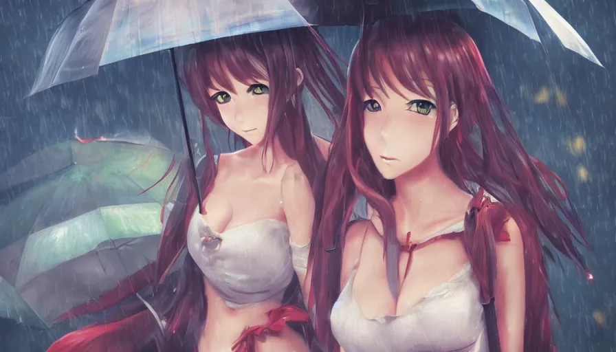 Image similar to anime girls in the rain, masterpiece, pinup, highly detailed, digital painting, artstation, concept art, smooth, sharp focus, illustration, Unreal Engine 5, 8K