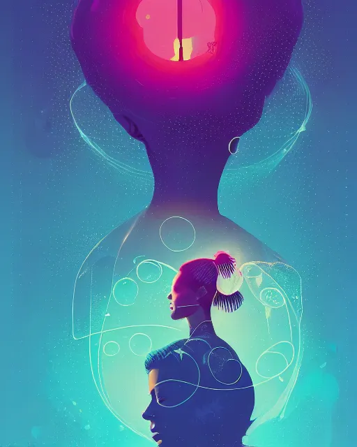 Image similar to alicia keys portrait, stylized musical notes floating, bubbles, radiant halo of light, artgerm, petros afshar, tom whalen, ismail inceoglu