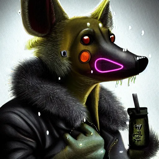 Image similar to digital painting of anthromorphic hyena female smoking cigarrete, fursona, furry fandom, furaffinity, neon rainy cyberpunk setting, anthro, wearing cyberpunk leather jacket, detailed face, blade runner, zootopia style,