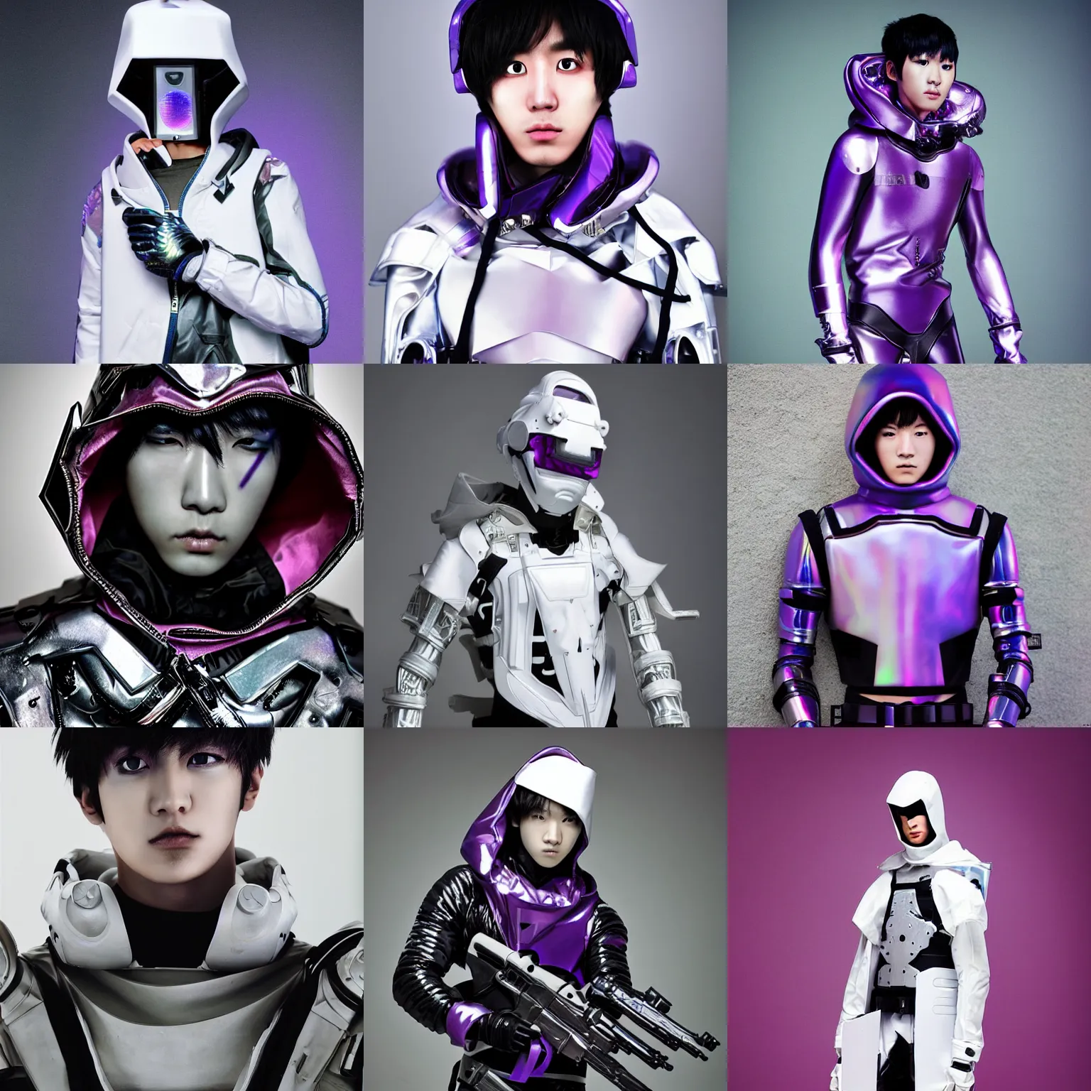 Prompt: male ulzzang with white sci - fi tactical gear and hood, black cybernetic enhancements, purple holographic highlights, full shot fashion photography, by irving penn and storm thorgerson, ren heng