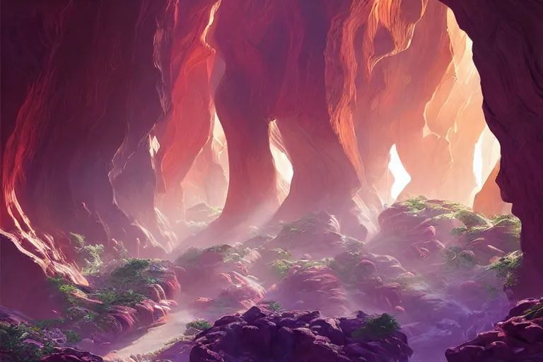 Image similar to futuristic cyberpunk city with lush garden located on rgb Antelope canyon, rocks formed by water erosion, beautiful smooth sandstone in unique shapes with light beams that shine through its walls, polish narrow slots of walls into a striated swirling finish, digital painting, concept art, smooth, sharp focus, from Star Trek 2021, illustration, by WLOP and Ruan Jia and Mandy Jurgens and William-Adolphe Bouguereau, Artgerm