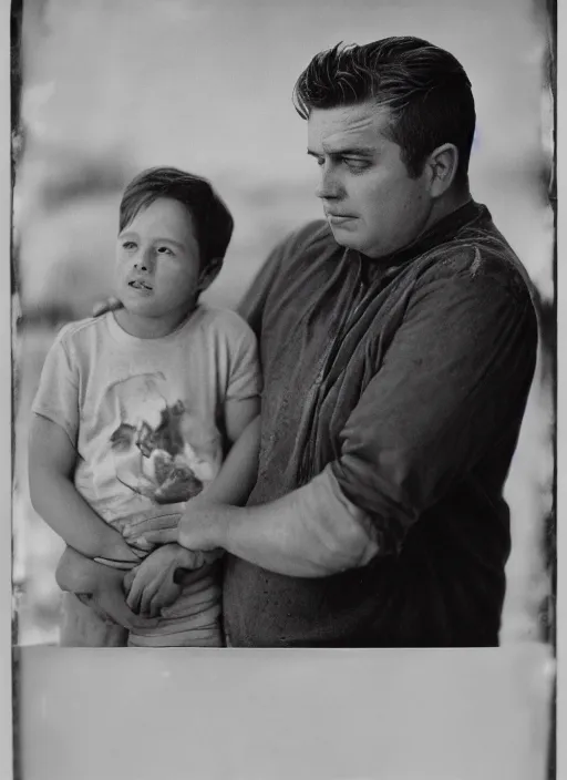 Prompt: kodak portra 4 0 0 wet plate photo image of a father how meet her son for the last time photorealistic cinematic light