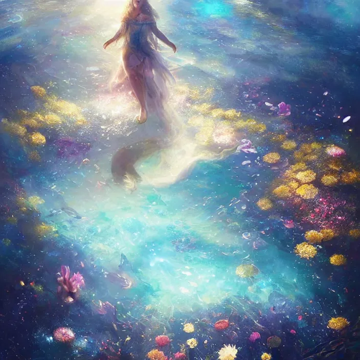 Image similar to enormous glimmering whale tale, flowing dress, flowers, cosmos, milky way galaxy, golden hour, god rays, coral reef, dreamscape by artgerm and ruan jia and ismail inceoglu and greg olsen, masterpiece, beautiful, intricate, elegant, highly detailed