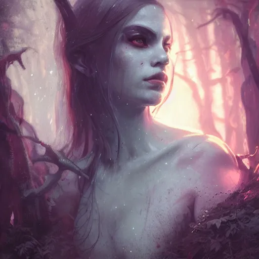 Prompt: a portrait of a succubus in a bioluminescent ancient dark forest, greg rutkowski, 8 k, shallow depth of field, intricate detail, concept art,