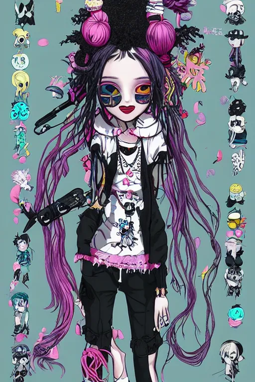 Prompt: kawaii pastel goth with dreads and eccentric clothing by jamie hewlett and artgerm, cel shading, toon shading, detailed,