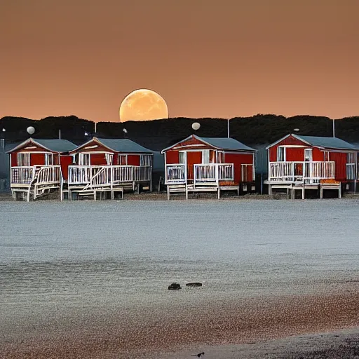 Prompt: there was a lovely orange super moon over the beach huts and the isle of wight