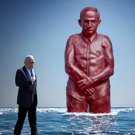 Image similar to a giant benjamin netanyahu sculpture made out of juicy red jelly, in the sea, long shot, hyper detailed, hyper realistic, ray tracing, 8 k resolution, sharp focus, realistic water, award winning