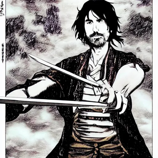 Prompt: attractive 22 year old Frank Zappa golden Vagabond magic swordsman glides through a beautiful battlefield magic the gathering dramatic esoteric!!!!!! pen and ink!!!!! illustrated in high detail!!!!!!!! by Hiroya Oku!!!!! Written by Wes Anderson graphic novel published on shonen jump 2002 award winning!!!!