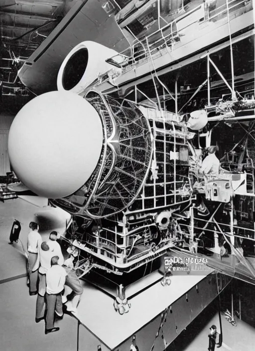 Image similar to vintage photograph of advanced spacecraft being serviced by humans in 1 9 6 0