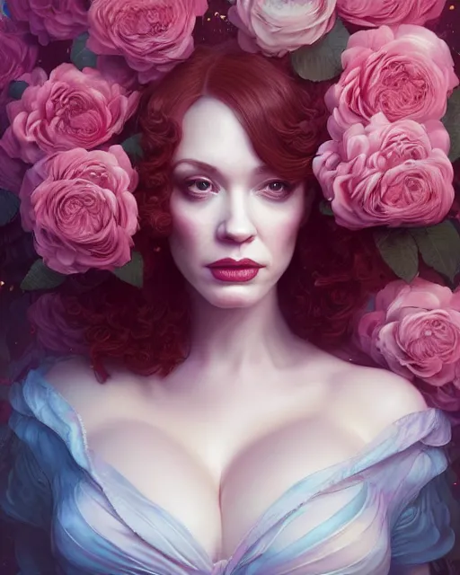 Image similar to portrait of christina hendricks with roses, baroque, roses, intricate abstract upper body intricate artwork, by tooth wu, wlop, beeple, dan mumford. concept art, octane render, deviantart, greg rutkowski, cinematic arthouse, key art, hyper realism, iridescent accents