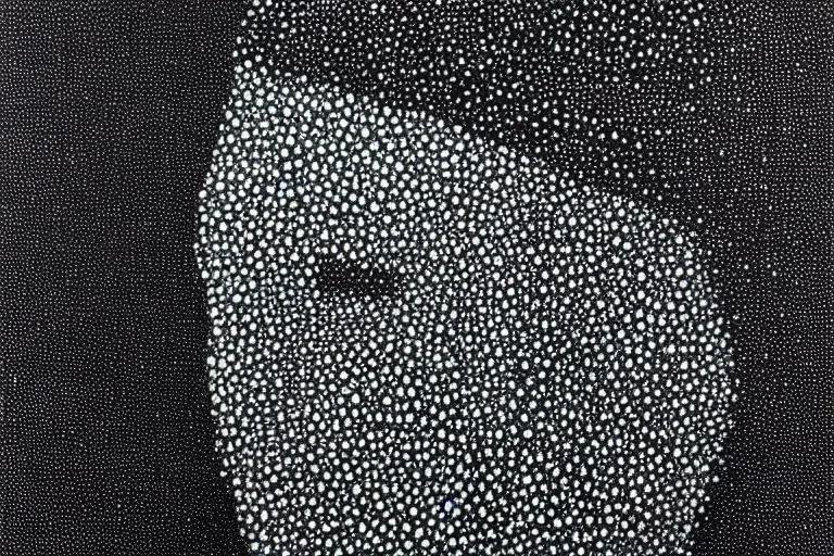 Image similar to face made out of mist, faceless people dark, dots, drip, stipple, pointillism, technical, abstract, minimal, style of francis bacon, asymmetry, pulled apart, cloak, hooded figure, made of dots, abstract, balaclava