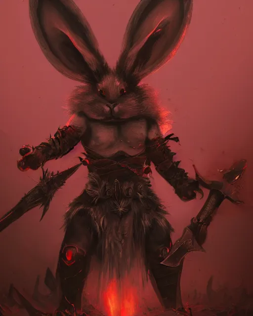 Image similar to Rabbit Berserker, rage, maniac, war paint, red, Khorne, magic the gathering artwork, D&D, fantasy, cinematic lighting, centered, symmetrical, highly detailed, digital painting, artstation, concept art, smooth, sharp focus, illustration, volumetric lighting, epic Composition, 8k, art by Akihiko Yoshida and Greg Rutkowski and Craig Mullins, oil painting, cgsociety