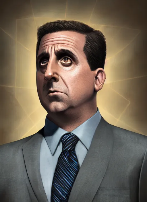 Prompt: ( ( ( hyperrealist cg an epic comic book style portrait painting of the office michael scott ) ) ) by mike campau, steve carell, photorealistic, octane render, vibrant colors, unreal engine, dynamic lighting, perfect factions, very detailed faces, trending on artstation, poster, volumetric lighting, 4 k, award winning