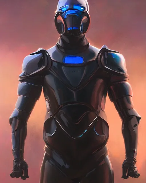 Image similar to iridescent sinewy smooth muscular male sleek glossy black pearlescent scifi armor with smooth black featureless helmet, by greg rutkowski and mark brookes and jim burns and tom bagshaw and magali villeneuve, trending on artstation