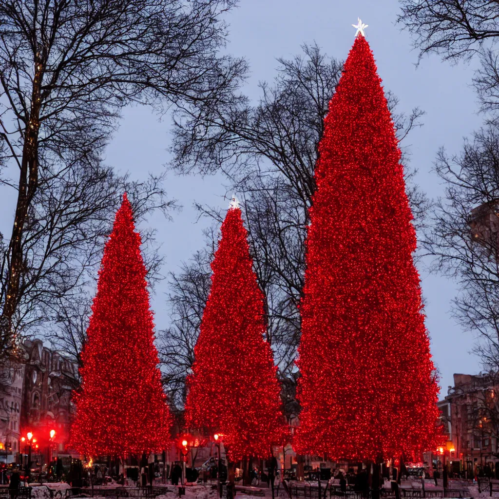 Prompt: photo of a tall christmas tree on the square decorated with white led lights and red christmas bulbs