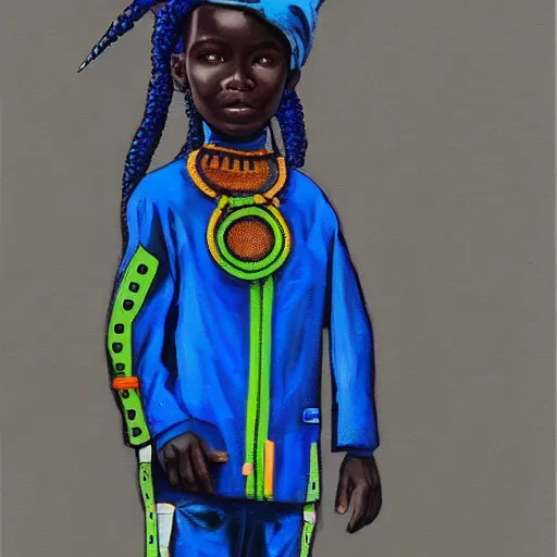 Prompt: a realistic painting of an african kid with cyberpunk and afrofuturist blue clothes, highly detailed, afrofuturist, cyberpunk, photorealistic.