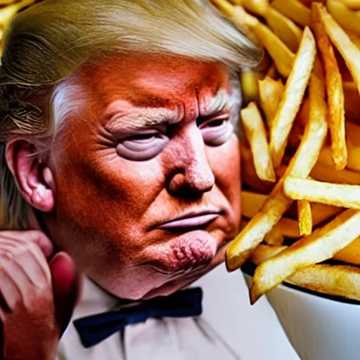 Image similar to Annie leibovitz portrait of Donald Trump, clothed, crying in a bathtub full of French fries