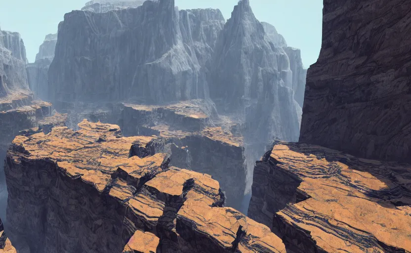 Image similar to A vast canyon made of obsidian, landscape, unreal engine, megascans, quixel