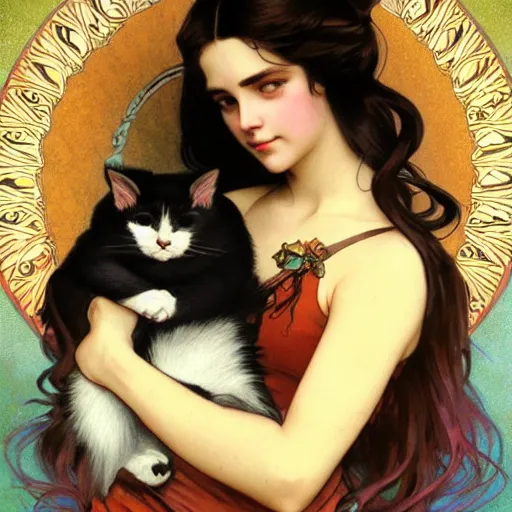 Image similar to girl with long dark hair thick eyebrows and dark eyes, she is holding a cat in her arms, by juan villafuerte, greg rutkowski and alphonse mucha, pexels contest winner, high quality photo, rtx, hd