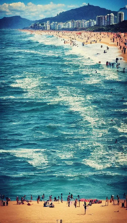 Prompt: instagram photo of a sunny day on copacabana beach looking at the ocean, hyper detailed, realistic