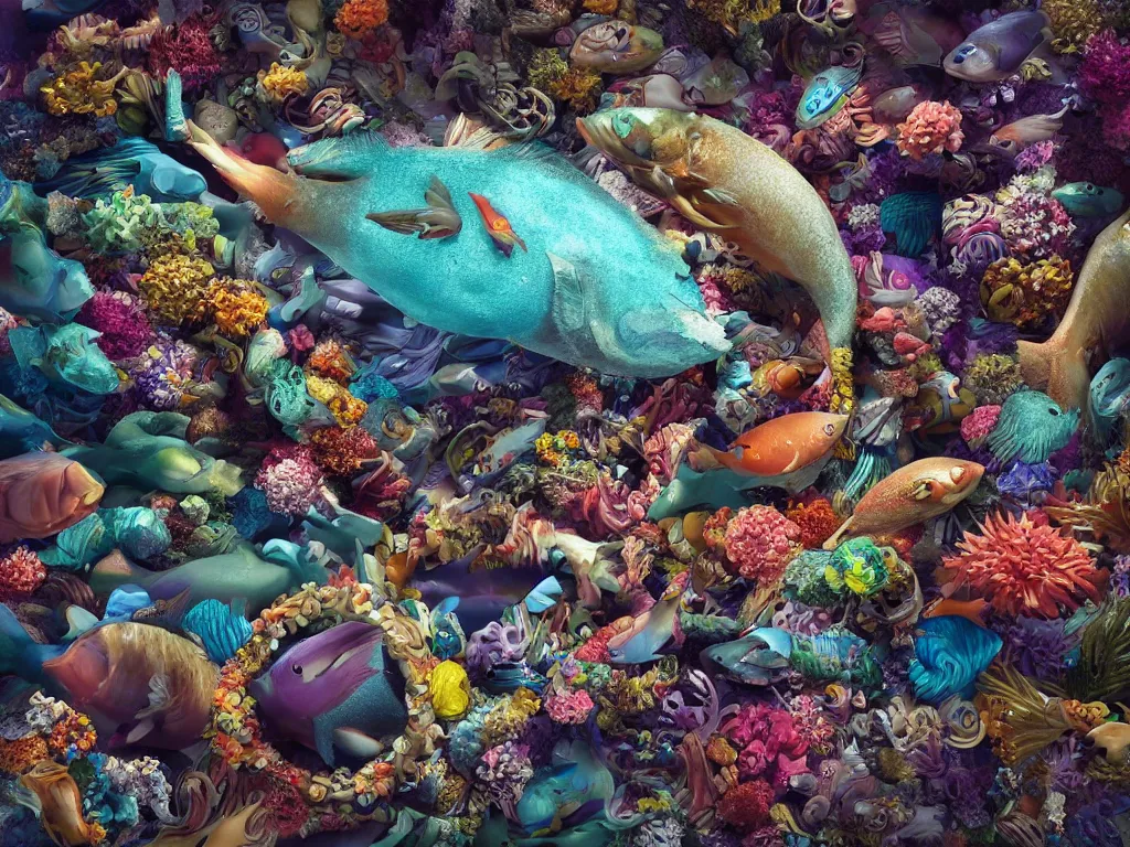 Image similar to a sculpture of fish ocean intertwined, a lovely cornucopia of flowers and human body parts, body parts, highly detailed, octane render, cinematic, shock, sharp focus, ball, an independent psycho, clean