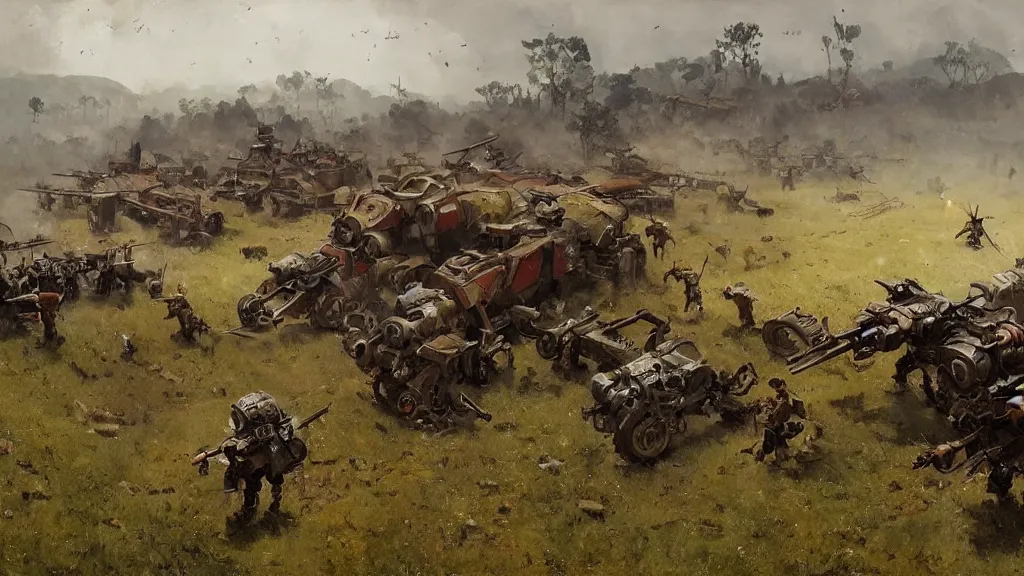 Image similar to 1920's battle in a farming village between bipedal mechs, painted by Jakub Rozalski