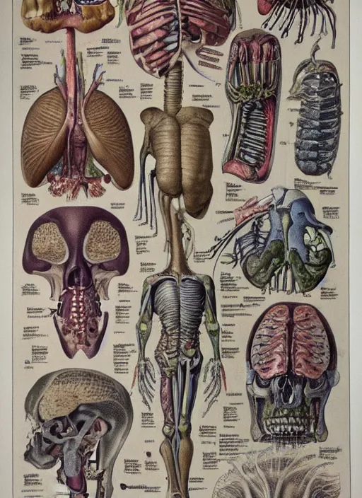 Prompt: vintage medical anatomical illustration of critters ( 1 9 8 6 ), highly detailed, labels, intricate writing