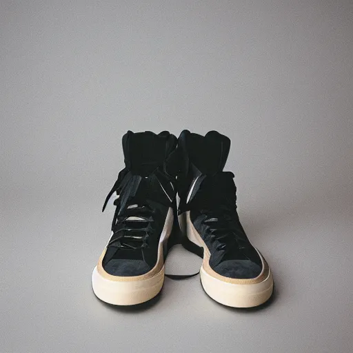 Image similar to a studio photoshoot of A Nike high top sneaker designed by Virgil Abloh, leather and suede, Off-White, realistic, color film photography by Tlyer Mitchell, 35 mm, graflex