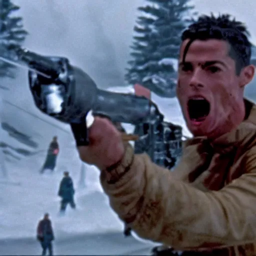 Prompt: movie still of cristiano ronaldo with a flamethrower in the thing (1982), john carpenter, cinematic,