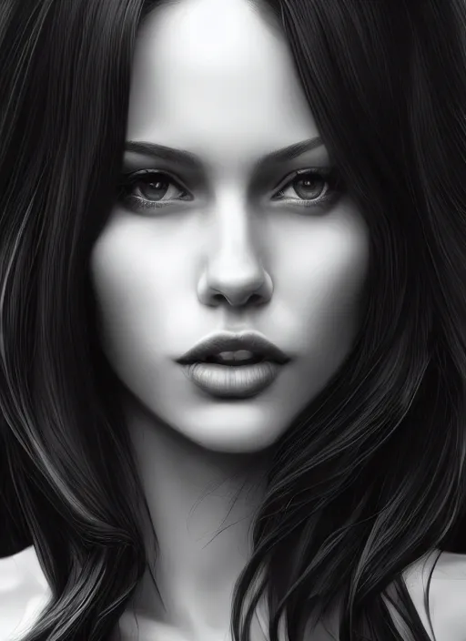 Image similar to full body portrait of a beautiful woman in black and white, photorealistic, hair down to waist, art by diego fazio and diegoKoi and artgerm, concept art, hyper sharp focus, 8k highly detailed