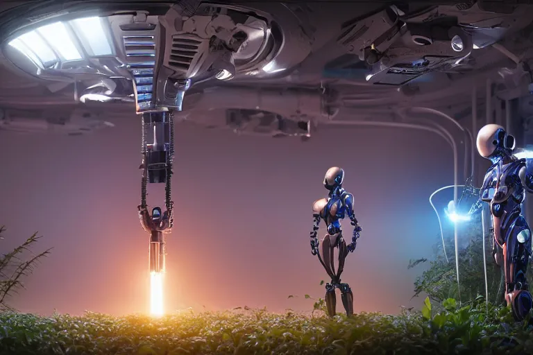 Image similar to androgynoid robot taking care of plants with a female scientist on the spaceship, beautiful lighting, cinematic lut, shallow depth of field, ultra realistic, hyper - detailed, sci - fi movie style, coherent composition, john harris
