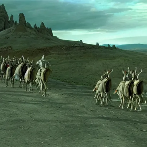 Image similar to still from lord of the rings showing the ride of the rohirrim, riding toward minas tirith on camels