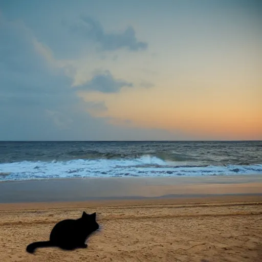 Prompt: cat in the beach lonley, night, cloudy