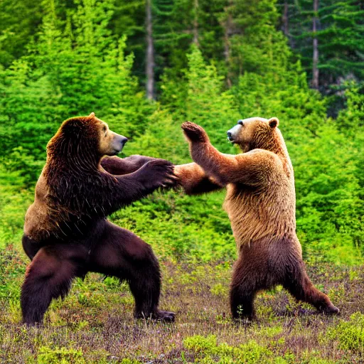 Image similar to kodiak bears kung - fu fighting in a forest clearing, twilight,