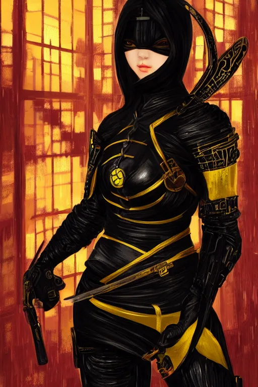 Image similar to portrait Ninja gaiden girl, armored black and yellow ninja wardrobe, in ruin japanese rainny temple night, ssci-fi and fantasy, intricate and very very beautiful and elegant, highly detailed, digital painting, artstation, concept art, smooth and sharp focus, illustration, art by tian zi and WLOP and alphonse mucha