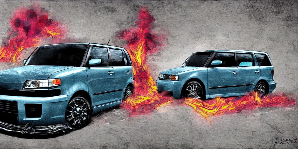 Image similar to first generation scion xb, on fire, digital art