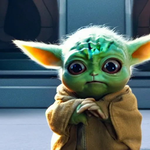 Prompt: a film still of baby yoda in detective pikachu