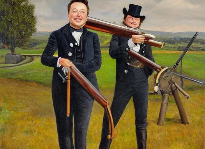 Prompt: oil painting portrait of elon musk in a funny victorian suit firing a musket on a field