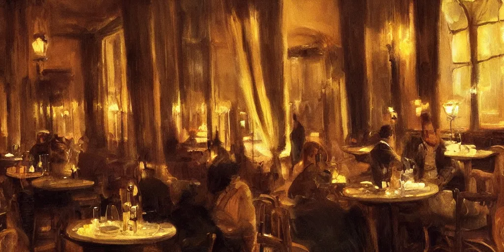 Prompt: brown cat with yellow eyes is sitting at table in a cafe at paris in early 2 0 th century. atmospheric feeling, warm colours, brown colours, yellow colours, epic scene, cinematic, very detailed, hd, trending on artstation