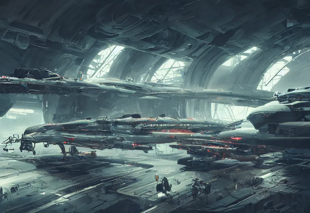 Prompt: futuristic space captain in a hangar, cyborg, Detailed, 8k, sci-fi, panel, concept, simon stalenhag ,syd mead, insane detail, ash thorp, kyza, cyberpunk, collection