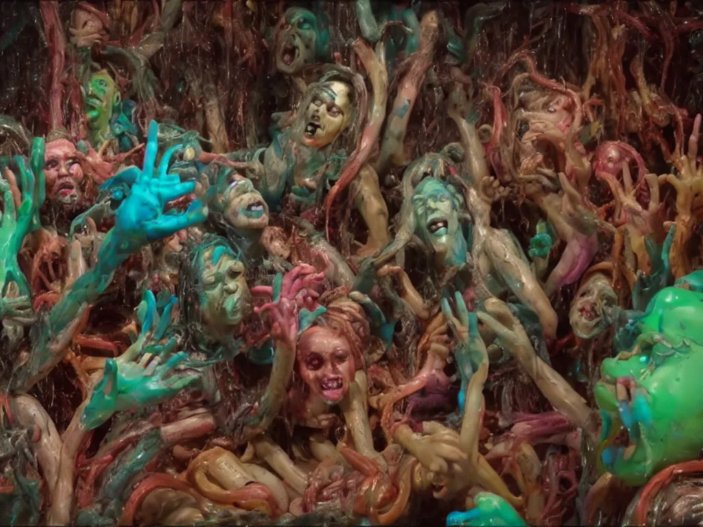 Image similar to still frame from the raft of the medusa as an animatronic schlock body horror comedy film, fun, animatronic figures, Sally Corporation, Garner Holt, play-doh, lurid, vivid colors, neon lights, rubber latex, fleshy, Cronenberg, Rick Baker, dramatic film still, daylight, photo real, wet, slimy, wide angle, rule of thirds, 28mm, 1984, Eastman EXR 50D 5245/7245