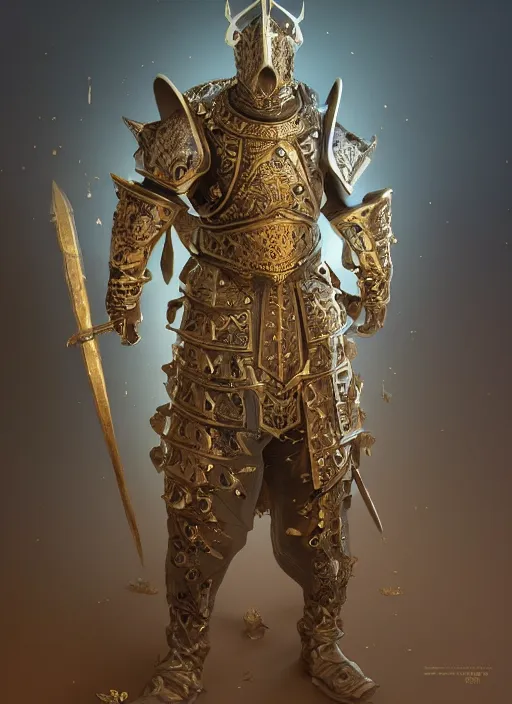 Image similar to front view, a medieval eldritch knight ornate armor made of carved wood and ivory, jeweled with strips of gold, intricate, design by feng zhu and craig mullins, peter mohrbacher, zhelong xu, ultra realistic, simple background, 8 k, octane render, unreal 5