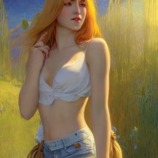 Image similar to A young woman with blonde long hair and bangs in shorts and white shirt drawn by Donato Giancola and Robert McGinnis and Julie Bell and frank frazetta and alphonse mucha, background by James Jean and gustav klimt, 4k, sunny day, volumetric lighting, french nouveau, trending on artstation, octane render, hyperrealistic